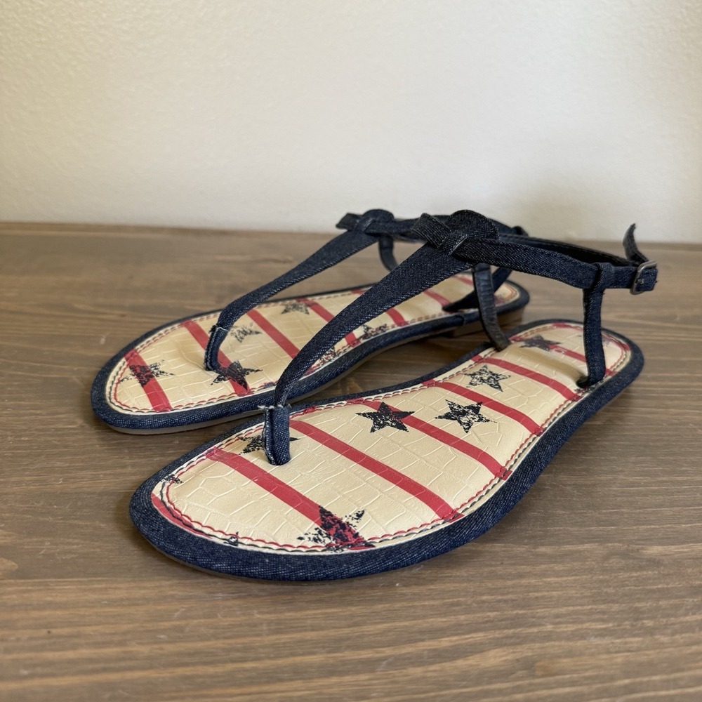 Maurice's Womens 8 Blue Denim‎ Sheena Thong Ankle Strap Buckle Flat Sandals
